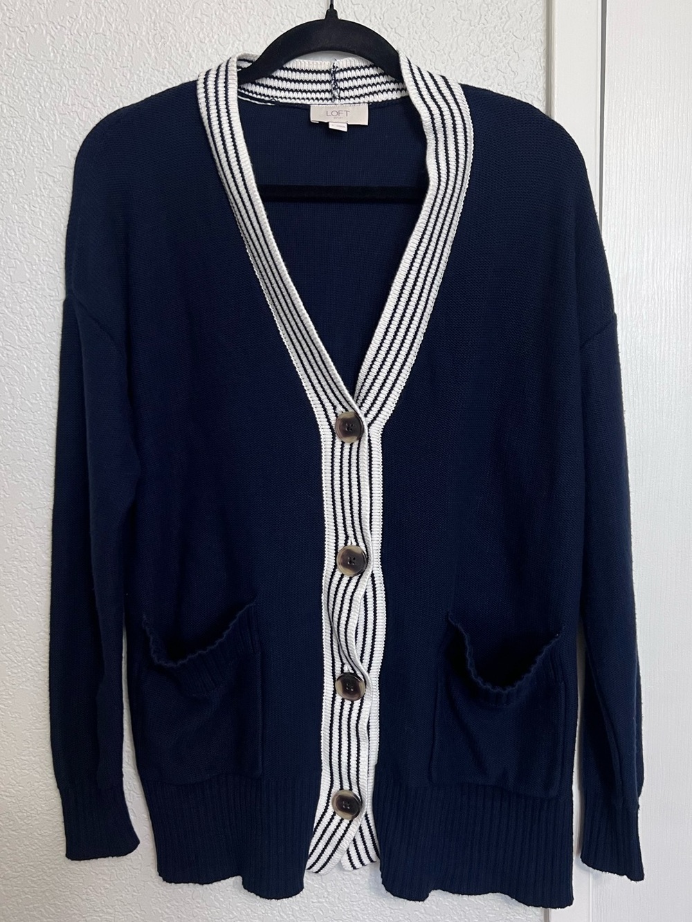 LOFT Navy Cardigan with White Striped Trim